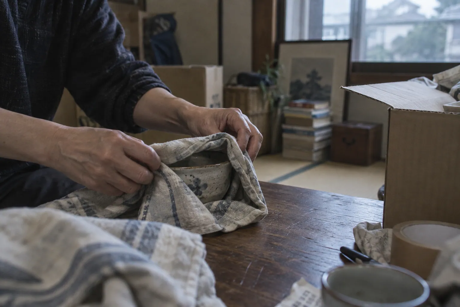 引っ越し途中の和室で、器を布に包んでいる人の手
