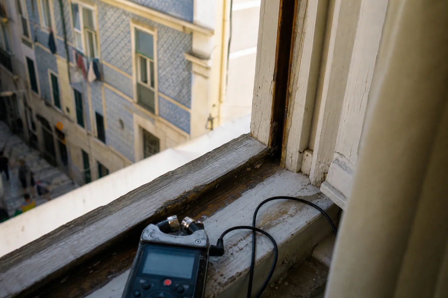 リスボンの路地に開いた古い窓辺と携帯録音機