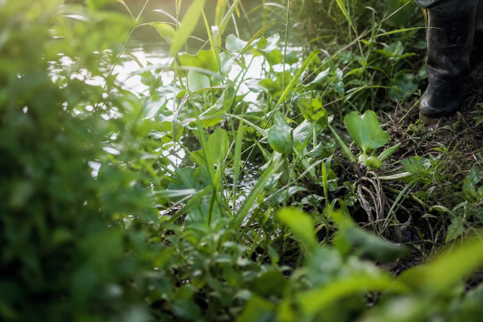 朝の川辺に茂る水草と、画面の端に切り取られた長靴