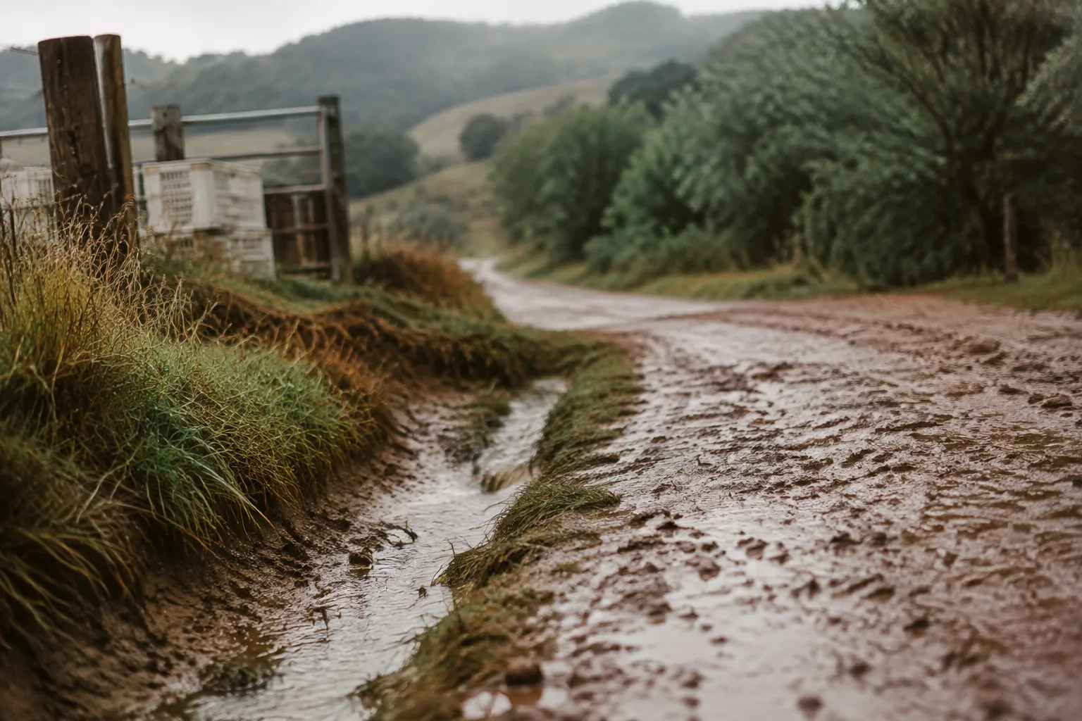 雨上がりのネルソンで、粘土質の農道と排水溝が丘へ続く風景
