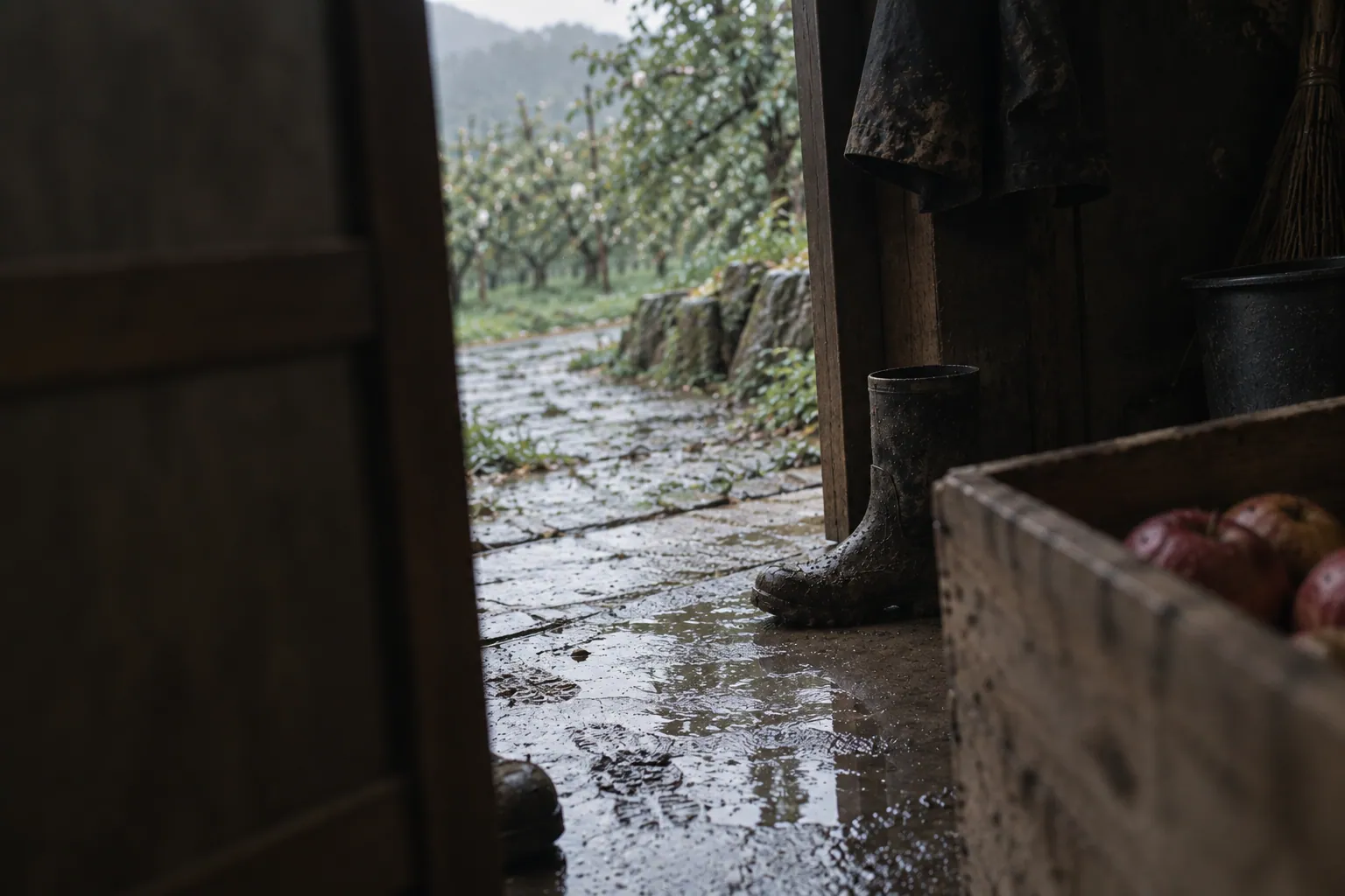 雨上がりの果樹園に面した薄暗い土間で、戸越しに泥のついた長靴と木箱のリンゴが見える