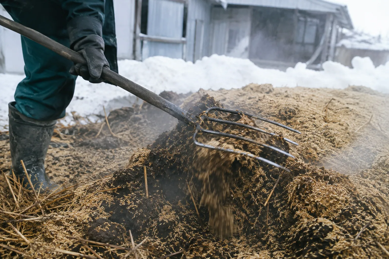 雪に囲まれた余市の農場で籾殻と堆肥を切り返す作業者