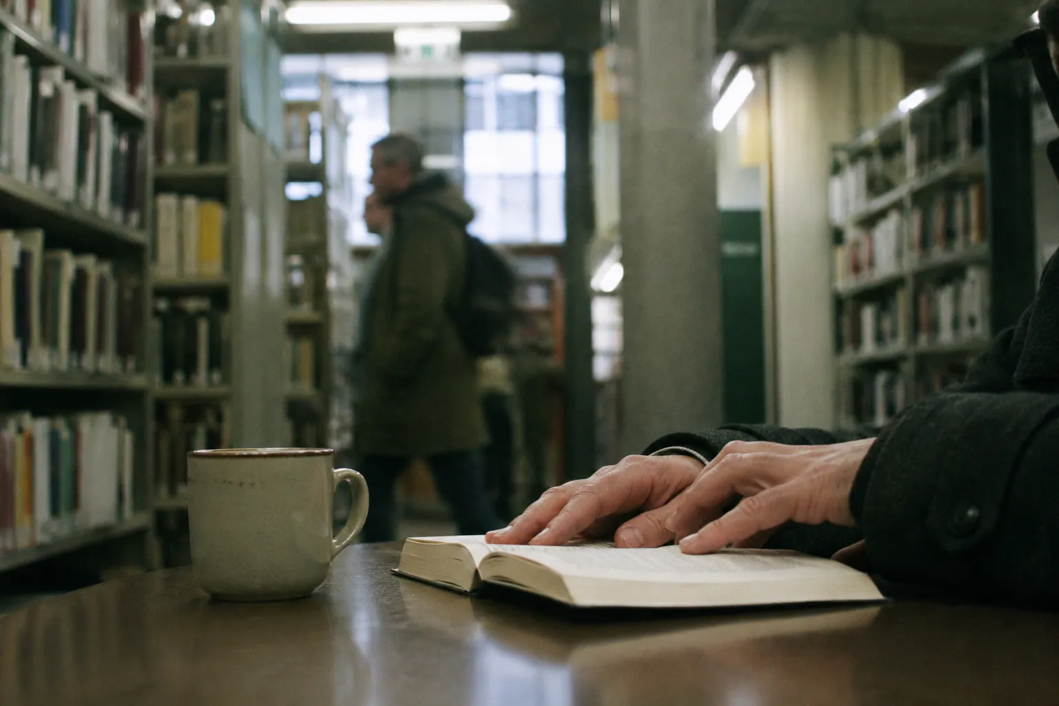 ベルリンの図書館で開いた本の紙に触れる手と陶器のマグカップ
